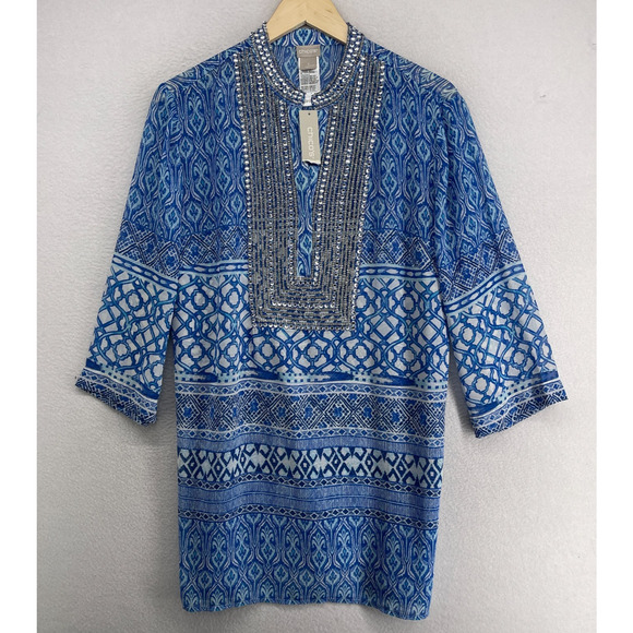 Chico's Tops - CHICOS Tunic 3 XL Chiffon Seaside Scroll Kurta Embellished Long Sleeve Blue NEW